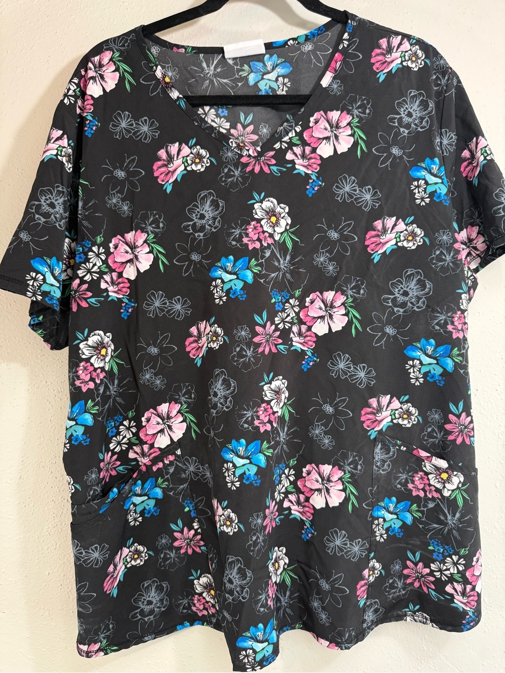 Scrubstar Black V-Neck Floral Scrub Top with Pink & Blue Flowers